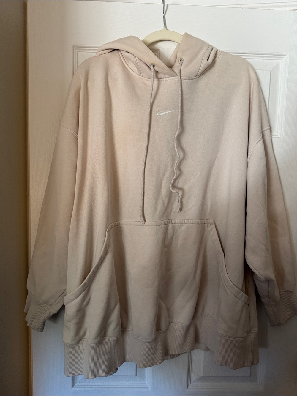 Nike Oversized Light Beige Pullover Hoodie with White Swoosh